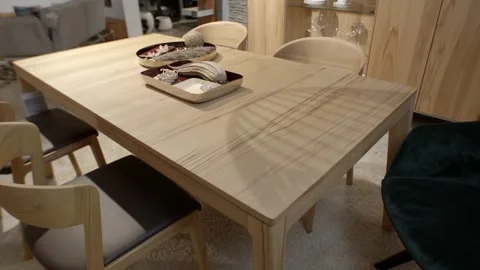Light Wooden Dining Table With Chairs, Modern Dining Room Interior, Slow Pan Stock-Footage 341392847