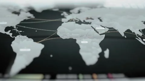 Light world map shows numerous curved routes and glowing commercial nodes Stockbeeldmateriaal 343353478