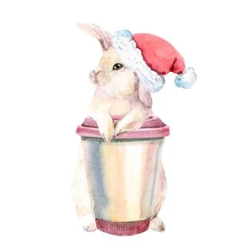A light yellow rabbit is sitting with a pink cup of coffee. watercolor. In the Stock Illustration