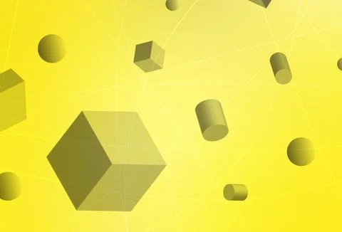 Light Yellow vector layout with 3D cubes, cylinders, spheres, rectangles. Illustrazione stock