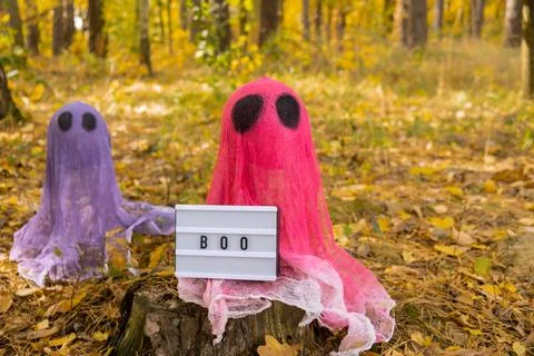 Lightbox BOO text Creative handmade Halloween holiday decoration. Colorful ghost Foto stock