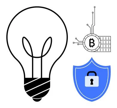Lightbulb and Blockchain Concept with Security Shield Stock Illustration