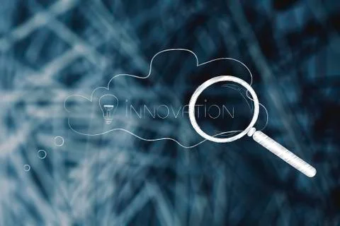 Lightbulb and innovation caption inside thought bubble with magnifying glass  Stock Illustration
