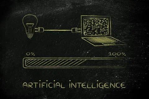 Lightbulb and laptop connected by plug, artificial intelligence Stock Illustration
