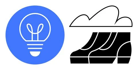 Lightbulb and rain boots under a cloud. Ideal for innovation, preparedness, w 스톡 일러스트
