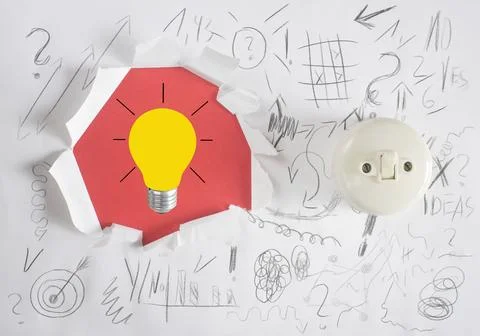 Lightbulb and switch inside of punch paper with scribble and question marks.. Stock Photos
