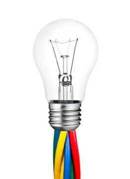 Lightbulb Attached to Colored Cables Isolated on White Stock Photos