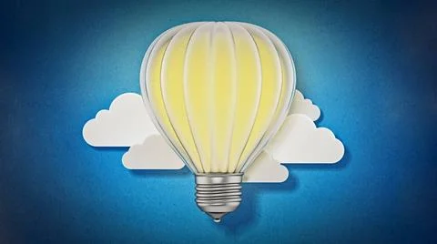 Lightbulb balloon flying among the clouds. 3D illustration Lightbulb ballo... Stock Photos