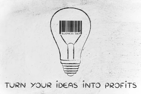 Lightbulb with bar code as filament with text Turn your ideas into profits Stock Illustration