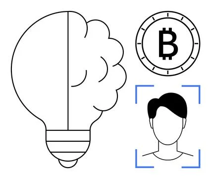Lightbulb with brain, Bitcoin symbol in circle, and face recognition outline. Stock Illustration