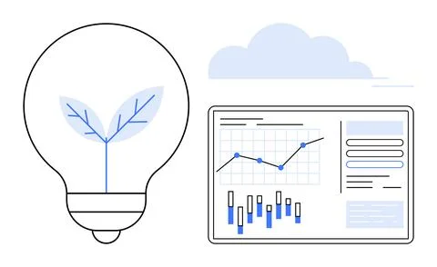 Lightbulb containing growing leaf next to data analytics dashboard displaying Stock Illustration