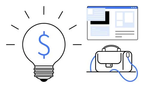 Lightbulb with dollar symbol represents a profitable idea next to a web brows Stock Illustration