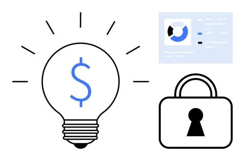 Lightbulb with Dollar Symbol, Secure Lock, and Data Graph Representing Fina.. Illustrazione stock