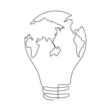 Lightbulb with Earth map one continuous line drawing. Stock Illustration