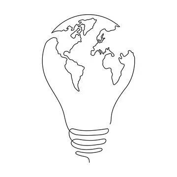 Lightbulb with Earth map one continuous line drawing. Stock Illustration