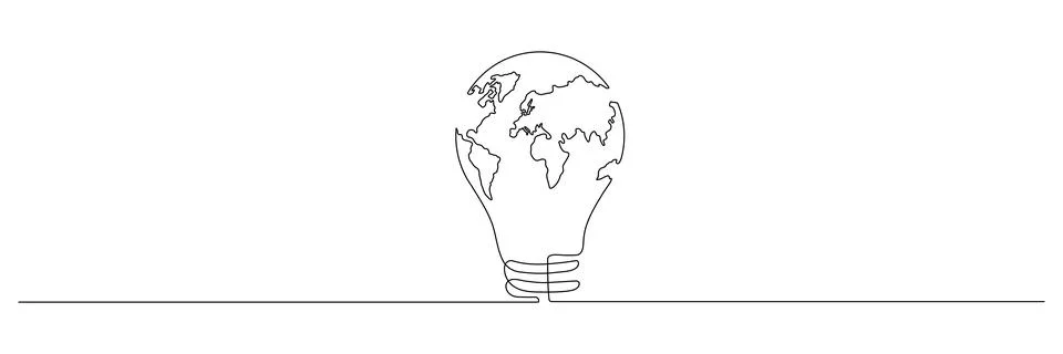 Lightbulb with Earth map one continuous line drawing. Stock Illustration
