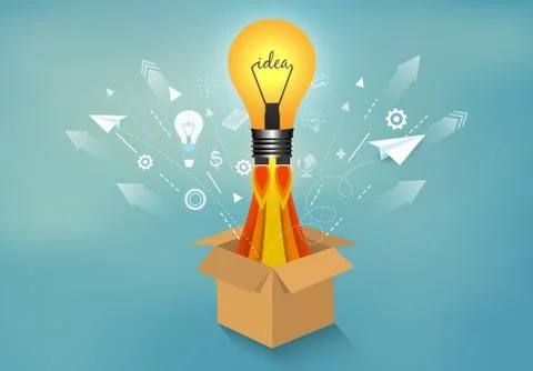 Lightbulb ejected from box brown isolated from blue background. startup busin Stock Illustration