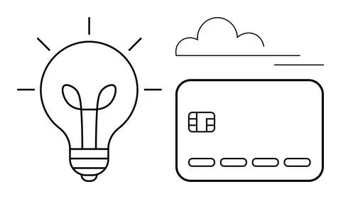 Lightbulb emitting rays next to a credit card and cloud. Ideal for finance te 库存插图