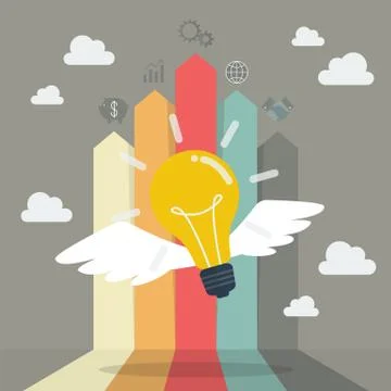 Lightbulb flying with arrow bar chart Stock Illustration