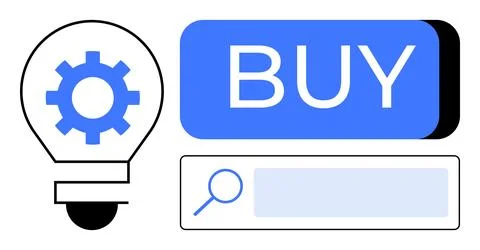 Lightbulb gear icon beside a large blue BUY button above a search bar with ma Stock Illustration