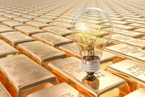 Lightbulb on the golden ingots backdrop, 3D rendering Stock Illustration