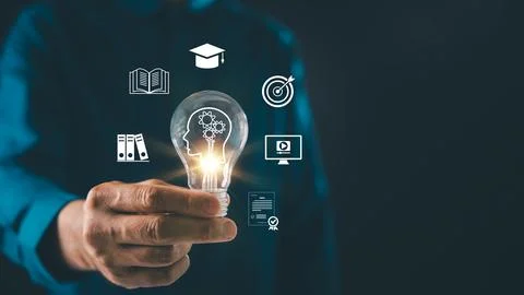Lightbulb graduation study creative idea solution online education icons gl.. Stock Photos