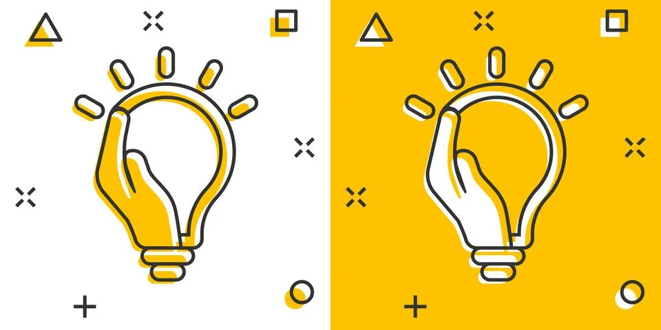 Lightbulb in hand icon in comic style. Bulb cartoon vector illustration on wh Illustrazione stock