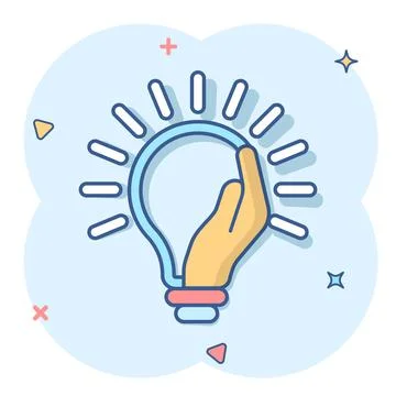 Lightbulb in hand icon in comic style. Bulb cartoon vector illustration on wh Illustrazione stock