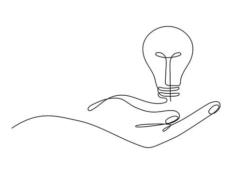 Lightbulb on hand one continuous line drawing. Stock Illustration