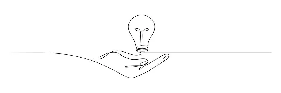 Lightbulb on hand one continuous line drawing. Stock Illustration