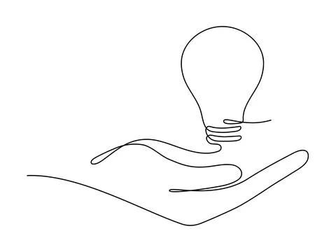 Lightbulb on hand one continuous line drawing. Stock Illustration