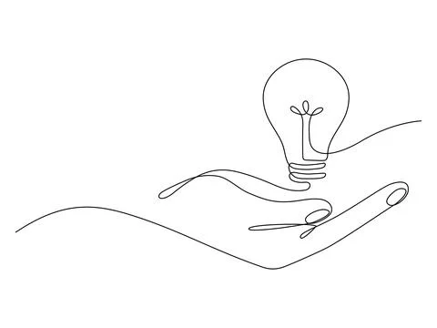 Lightbulb on hand one continuous line drawing. Stock Illustration