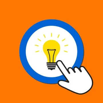 Lightbulb icon. Idea, solution concept. Hand Mouse Cursor Clicks the Button. Stock Illustration