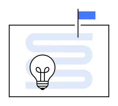 Lightbulb icon inside rectangle with a path leading to a blue flag symbol. Id Stockillustratie