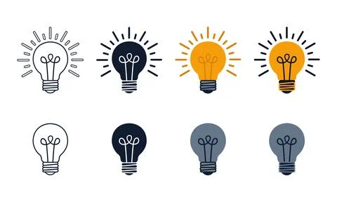 Lightbulb icon variations featuring line art and flat color styles for crea.. Illustrazione stock