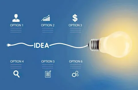 Lightbulb with idea and options on blue background Stock Photos