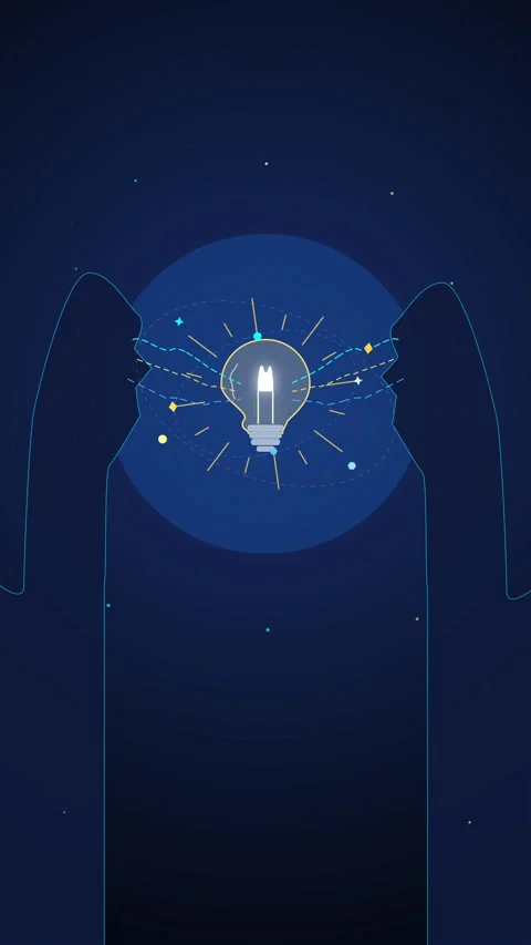 Lightbulb idea animation with glowing brains and blue dark background Stock Footage 346543681