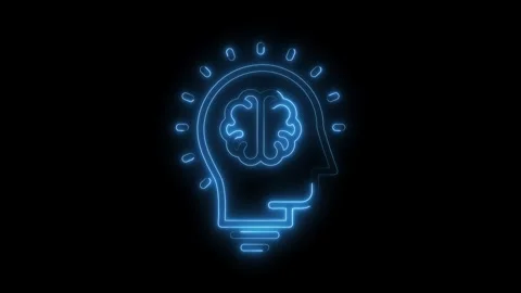Lightbulb idea with brain inside glowing with blue neon on black background Stock Footage 309292173