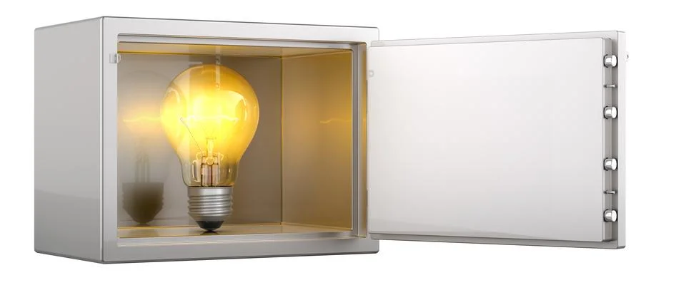 Lightbulb inside combination lock safe, 3D rendering Stock Illustration