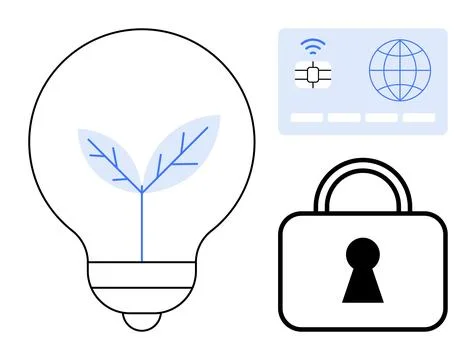 Lightbulb with leaf representing eco-innovation, secure padlock symbolizing d Stock Illustration