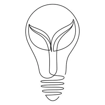 Lightbulb with leaves inside drawn by one continuous line. Single line doodle. Illustrazione stock