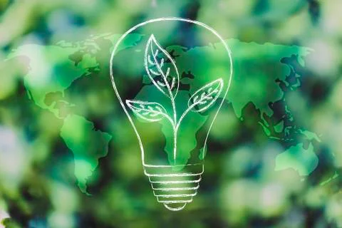 Lightbulb with leaves inside over world map overlay on green forest bokeh Ilustração Stock