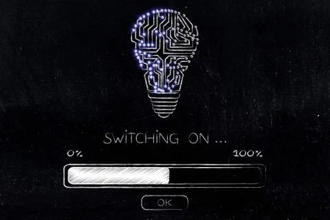 Lightbulb made of electronic circuits with progress bar loading and text Sw.. Illustrazione stock