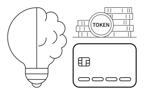 Lightbulb merging concept with brain, stack of token coins, credit card with  Stock Illustration
