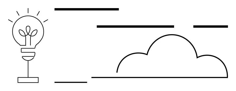 Lightbulb with plant inside, cloud, and horizontal lines. Ideal for sustainab Stock Illustration