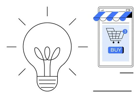 Lightbulb with rays lines next to a mobile device displaying a shopping cart  Stock Illustration