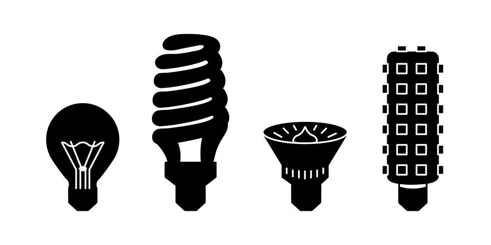 Lightbulb Set black Silhouettes of different types. Incandescent light bulb Stock Illustration