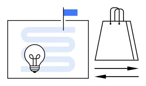 Lightbulb symbolizes ideas on a rectangular board with a blue flag, a shoppin Stock Illustration