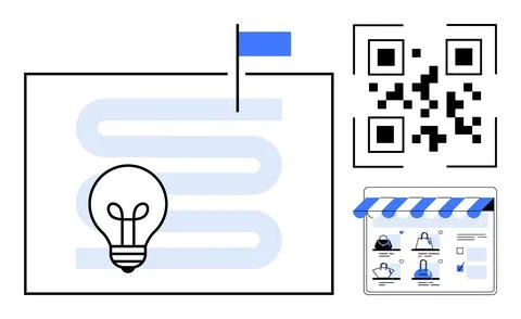 Lightbulb symbolizing ideas, a blue-flagged path, a QR code, online store int Stock-Illustration
