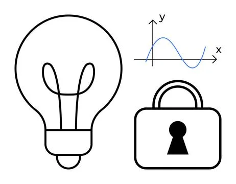 Lightbulb symbolizing ideas, sine wave graph for analysis, and padlock for se Stock Illustration
